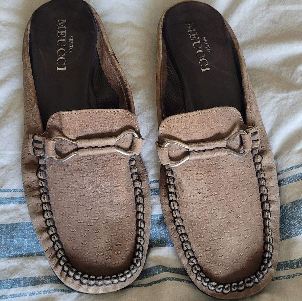 Taupe Leather Loafers with Silver Accents